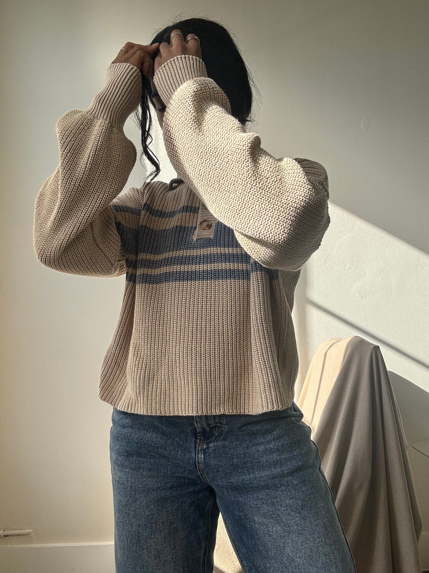 Malcolm Cotton Classic 90s Style Cropped Sweater In Vintage Blue