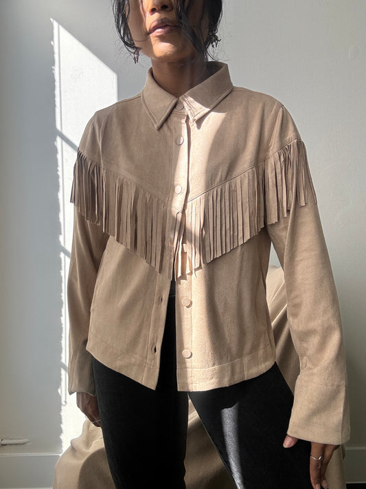 Brooks Cropped Fringe Suede Modern Western Shacket In Taupe