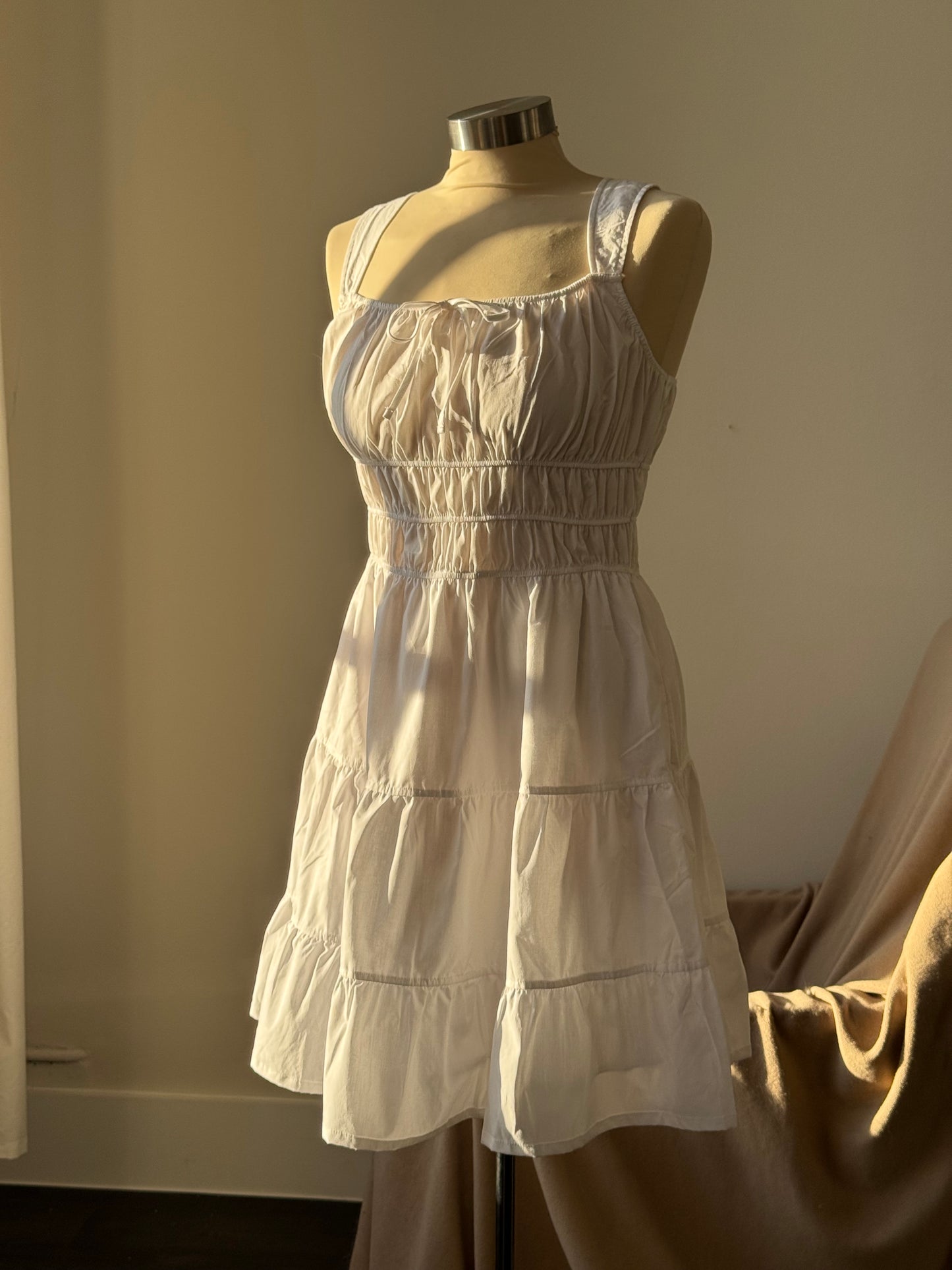 Michelle Cotton Rouged & Tiered Sun Dress In White