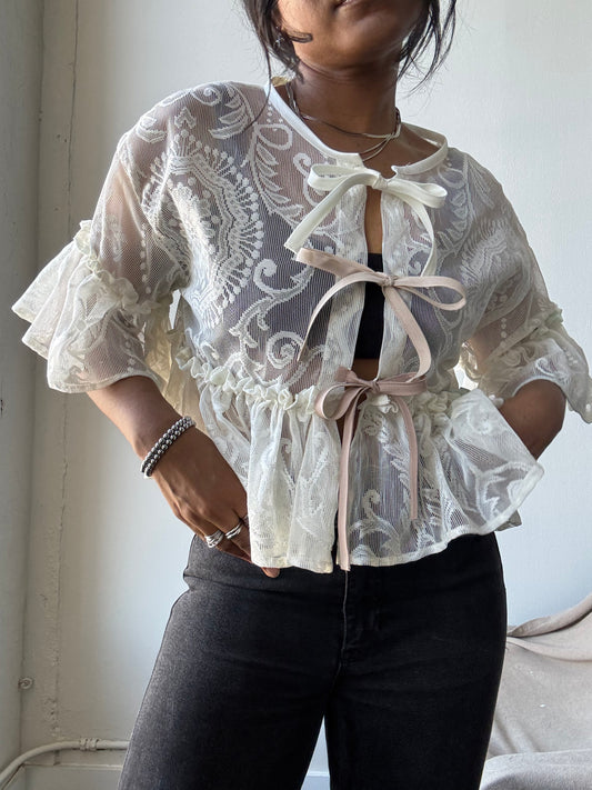 Eliza Vintage Lace Handcrafted Ruffle Top In Napoleon Cream