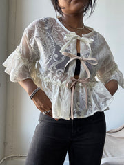 Eliza Vintage Lace Handcrafted Ruffle Top In Napoleon Cream