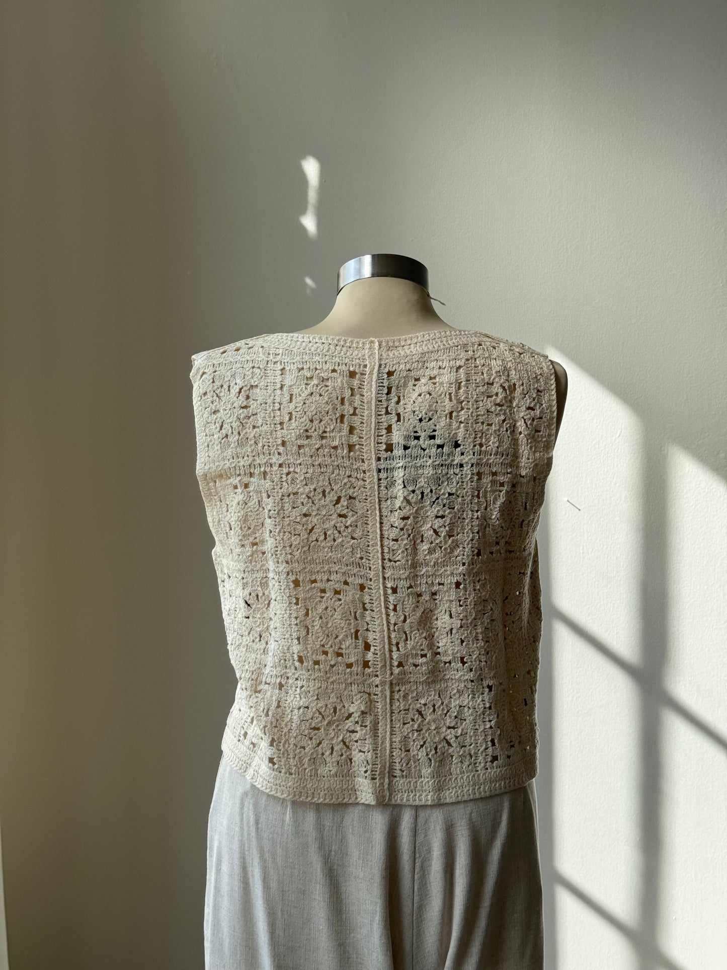 Keaton Crochet Knit Patch Work Button Front Vest In Cream