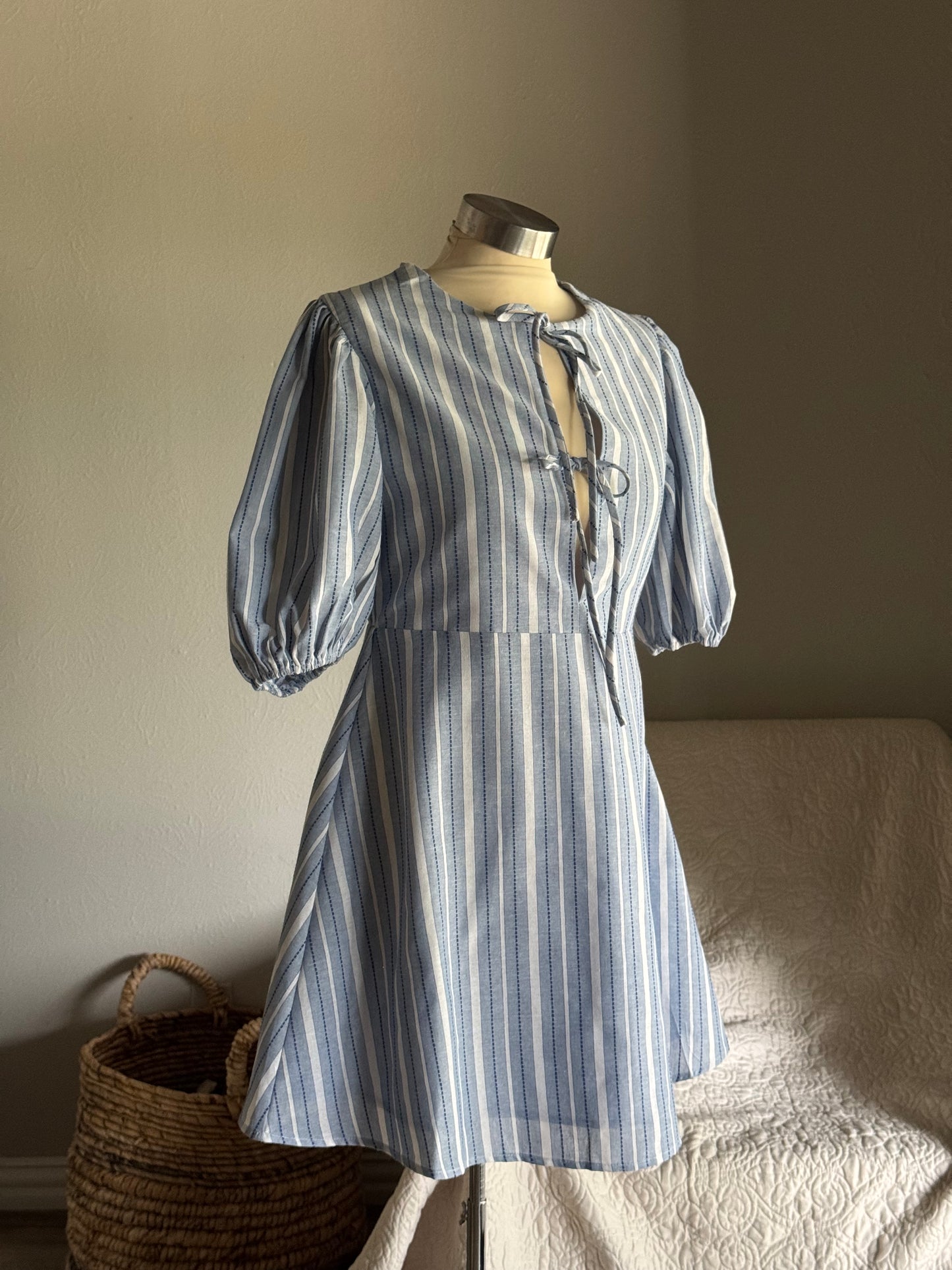 Patricia Cotton Striped Embroidered Tie Front Dress In Sky￼￼