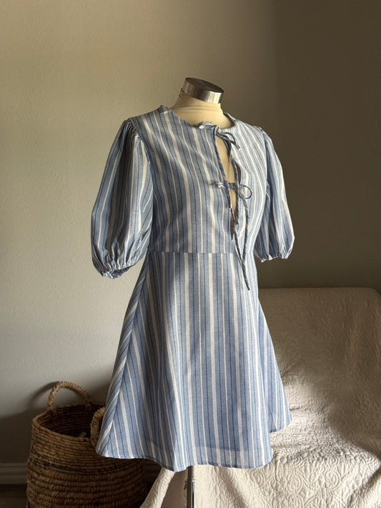 Patricia Cotton Striped Embroidered Tie Front Dress In Sky￼￼