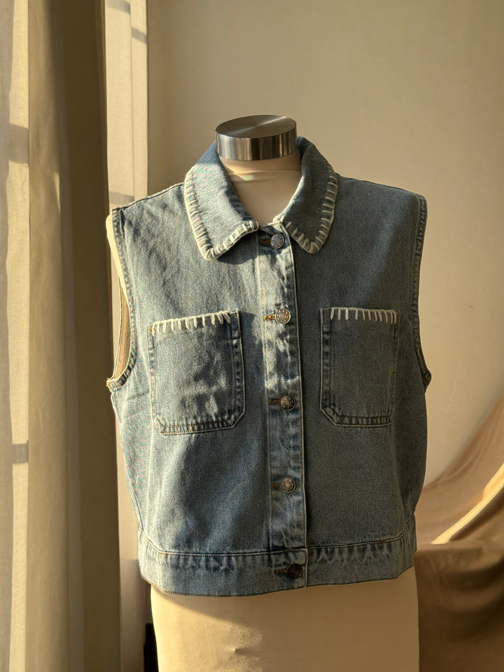 Denise Classic Blanket Stitch Cropped Denim Vest