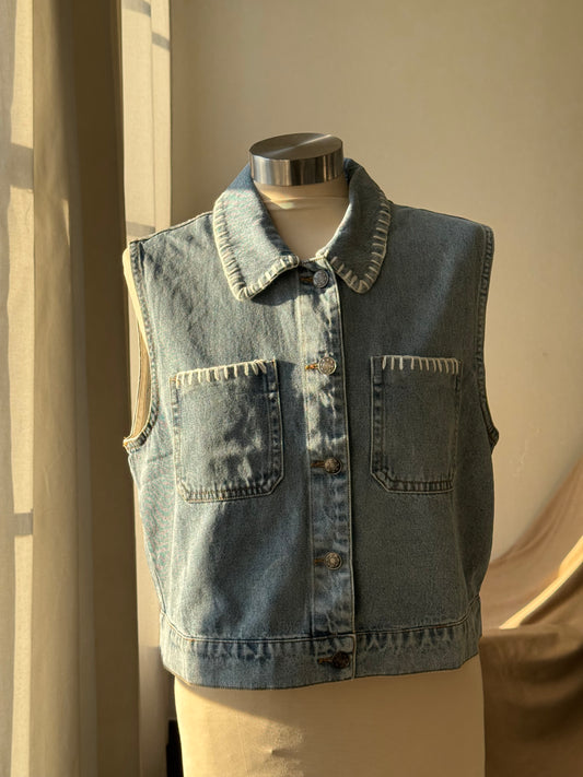Denise Classic Blanket Stitch Cropped Denim Vest￼