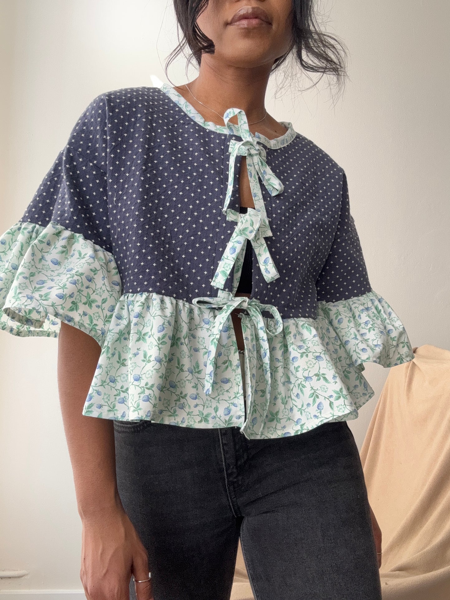 Brenda Vintage Cotton Handcrafted Ruffle Top In Navy