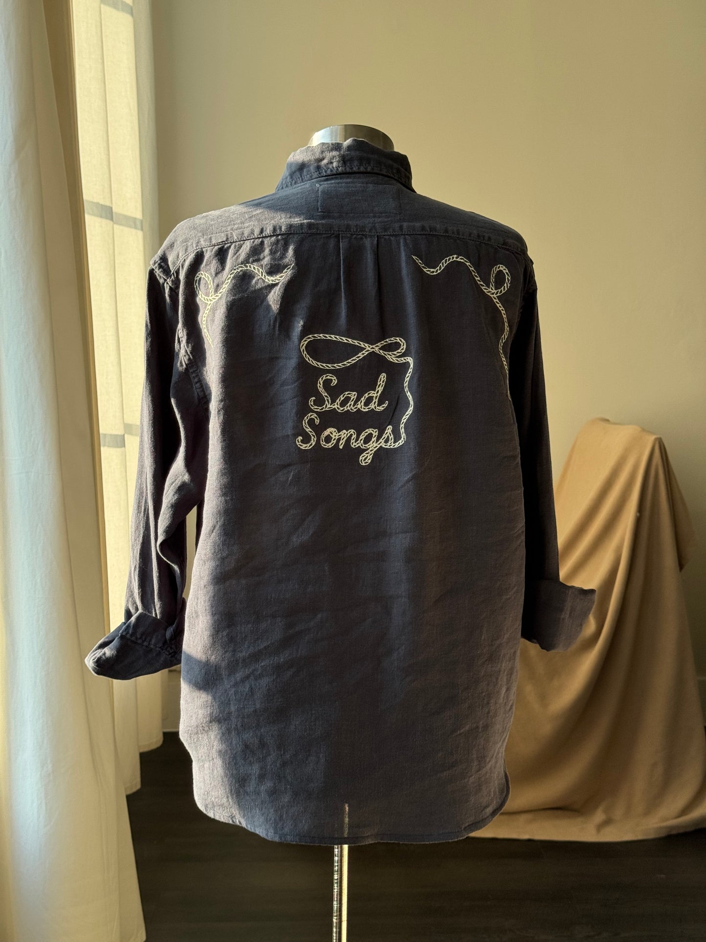Lawrence Handcrafted Sad Songs Linen Button Down In Vintage Navy