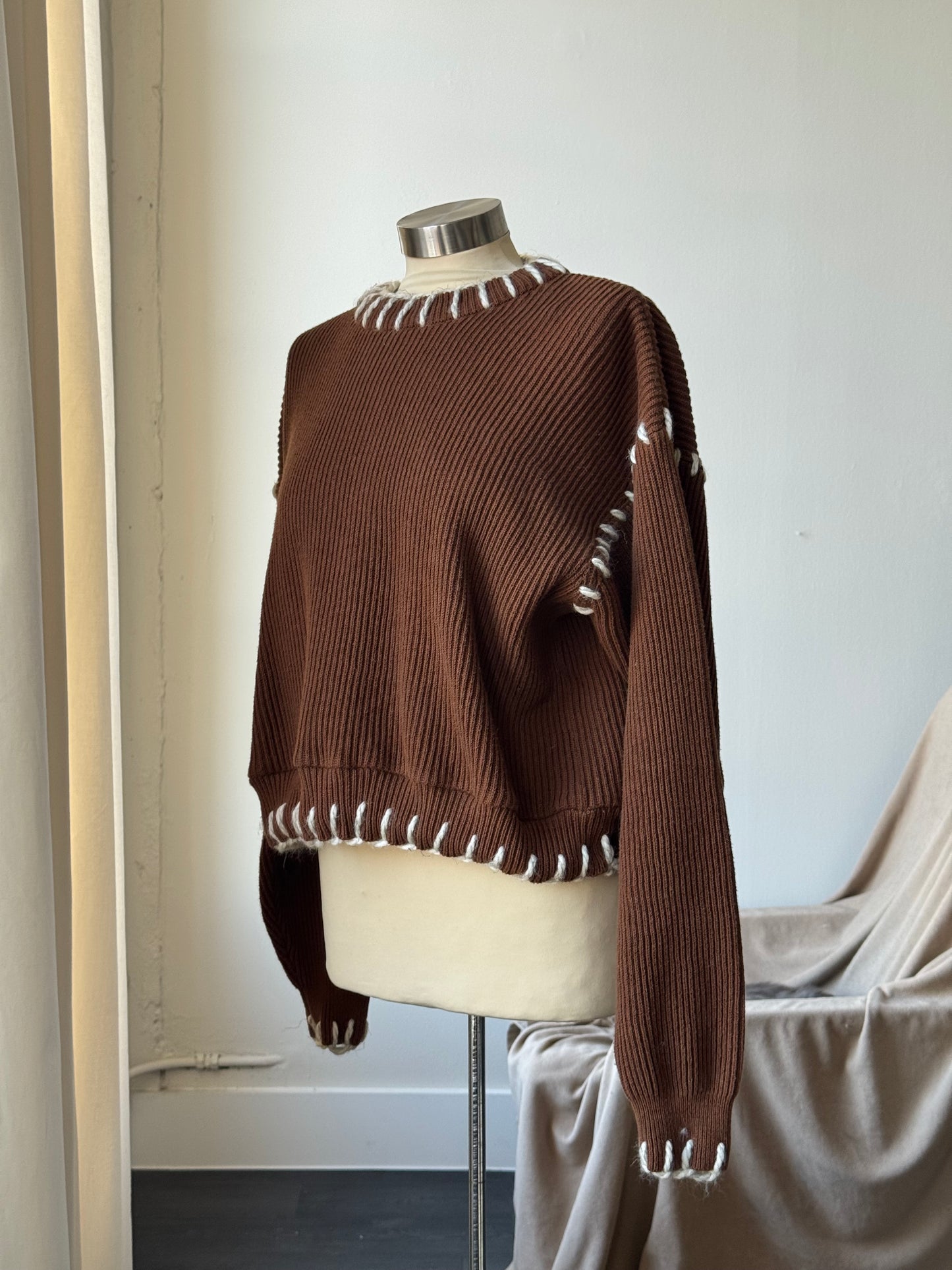 Sloppy Joe Handcrafted Cowboy Blanket Stitch Chunky Sweater In Brown