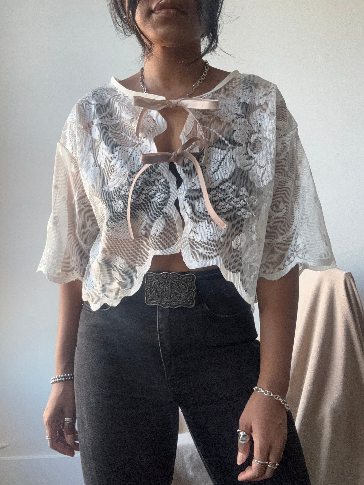 Sherie Handcrafted Vintage Lace Tie Top In Ivory