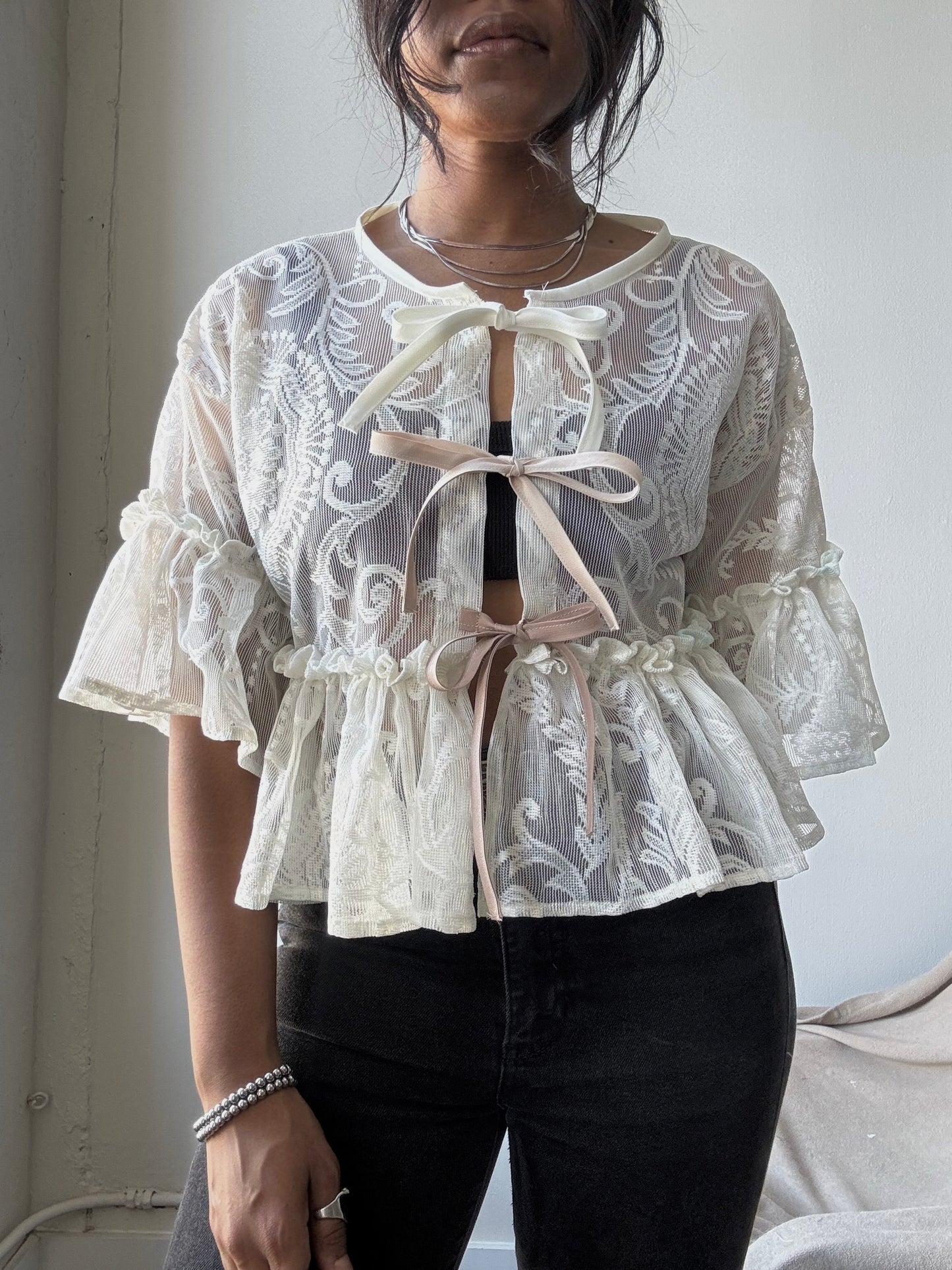 Eliza Vintage Lace Handcrafted Ruffle Top In Napoleon Cream