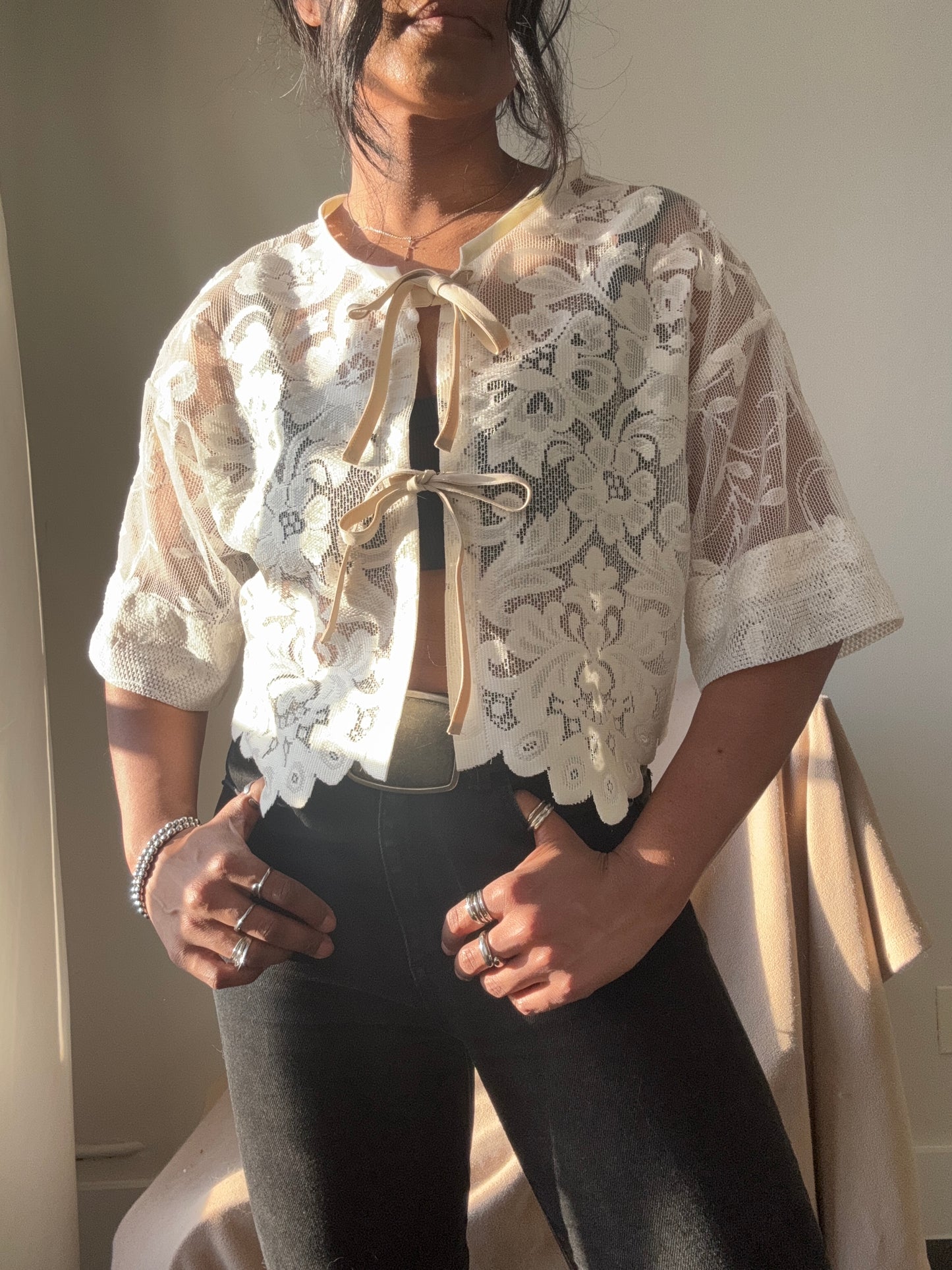 Roberta Handcrafted Vintage Lace Tie Top In Ivory