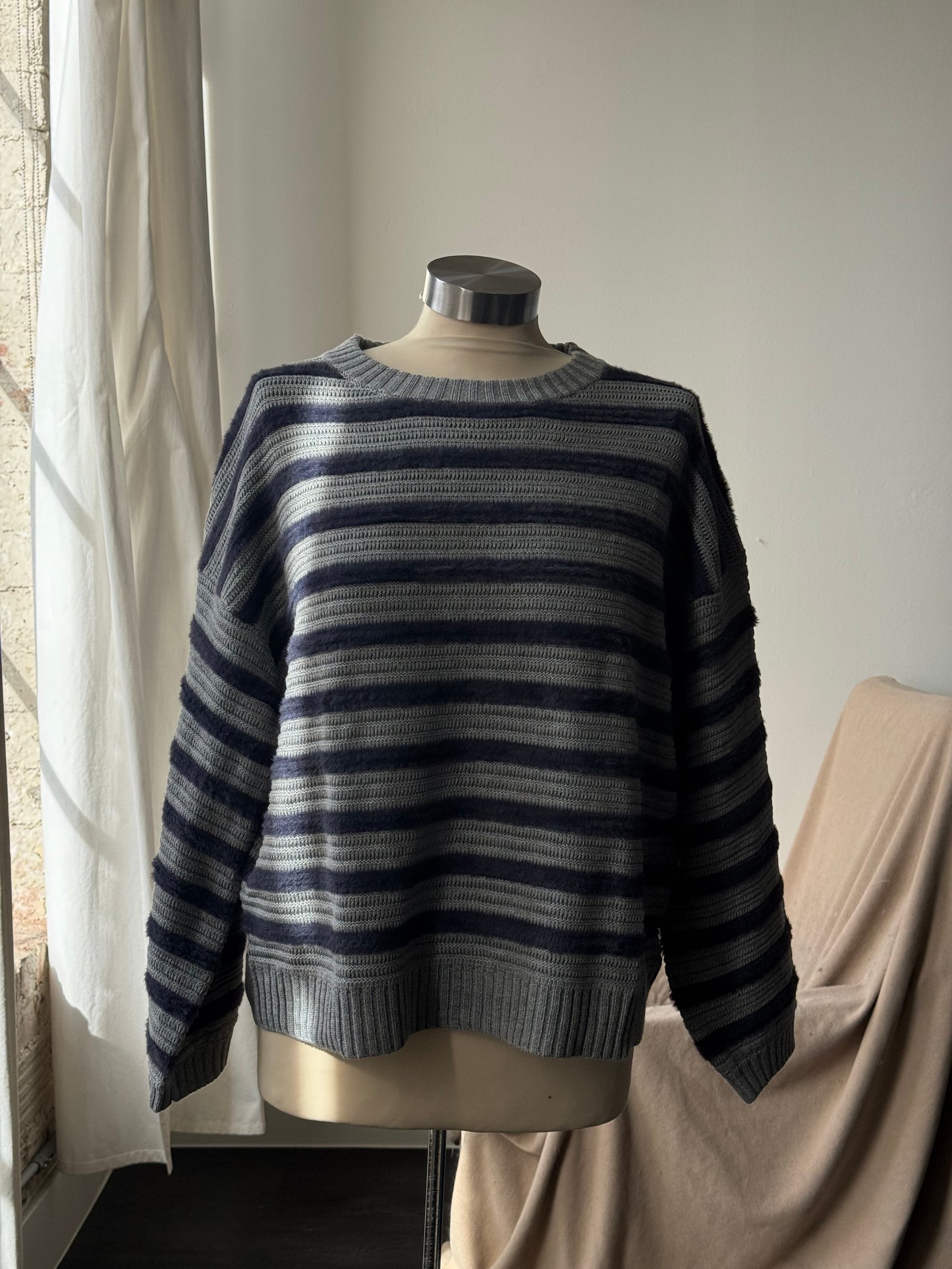 Henry Cotton Crew Neck Striped Pullover Sweater In Midnight Navy
