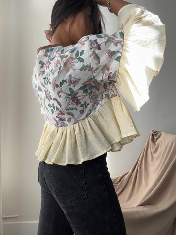 Joyce Cotton Handmade Floral & Ruffle Top In Vintage Cream