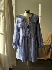 Odessa Cotton Tie Front Ruffle Collar Striped Dress In Vintage Blue