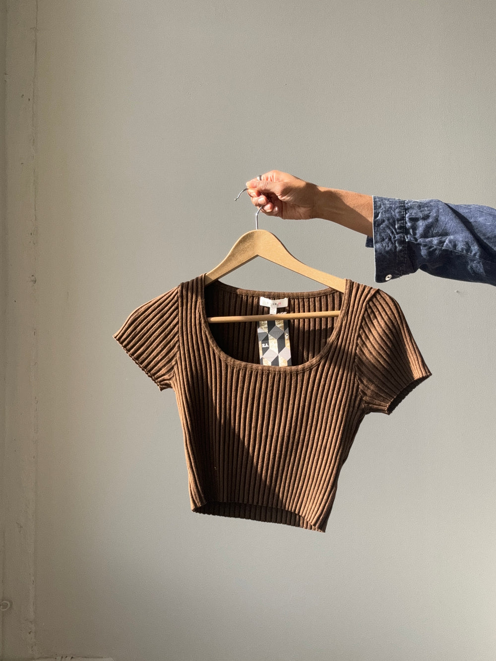 Nancy Cotton Ribbed Scoop Neck Cropped Baby Tee In Chocolate Brown