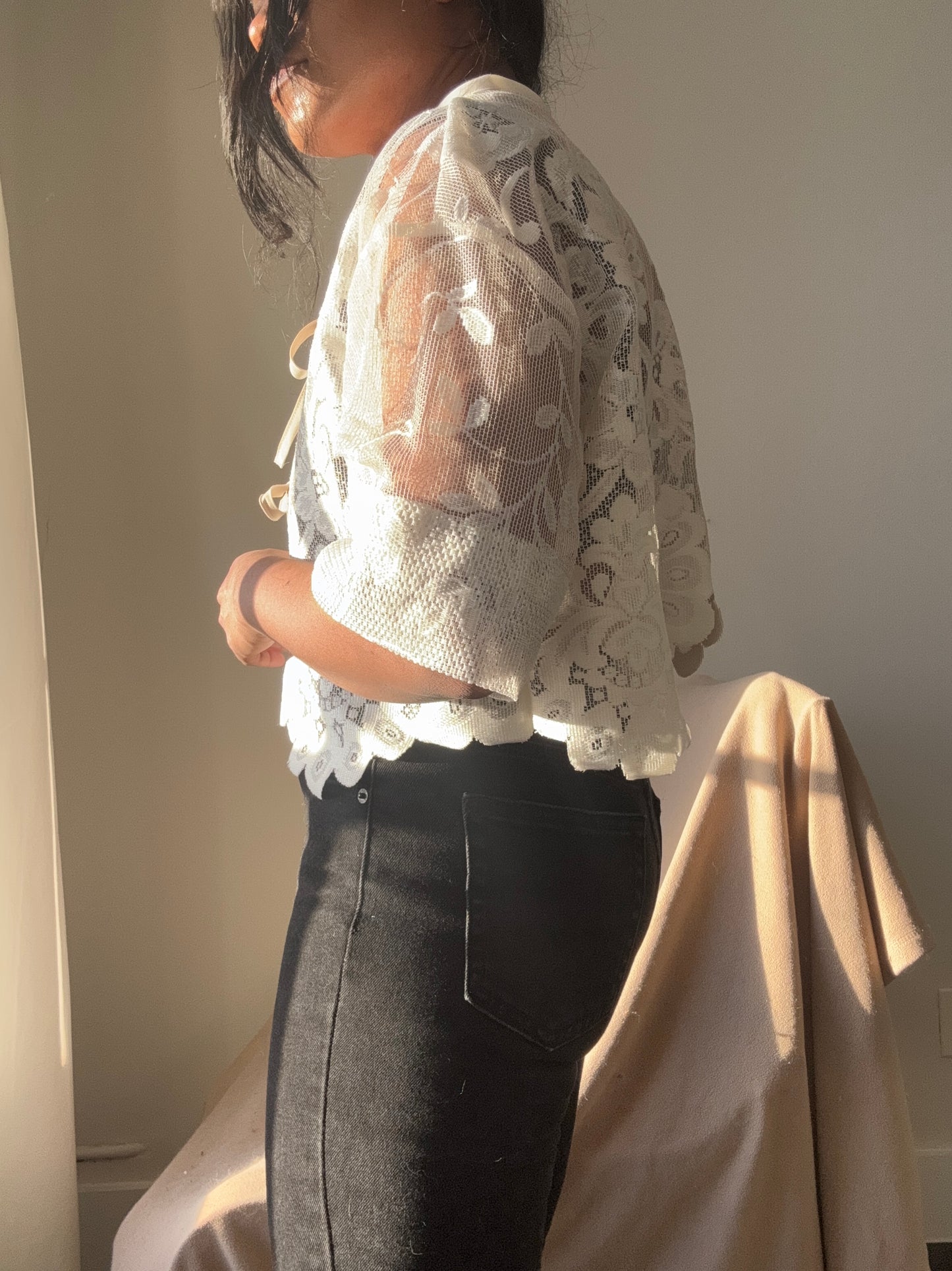 Roberta Handcrafted Vintage Lace Tie Top In Ivory