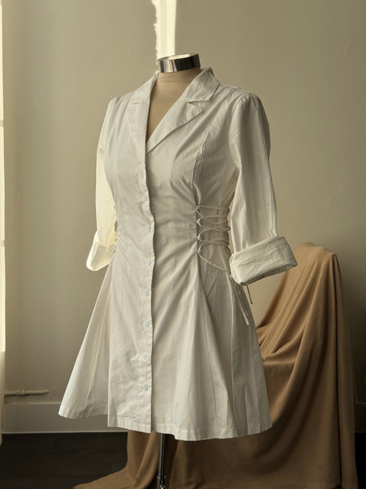 Loran Cotton Side Corset Button Down Long Sleeve Dress In White