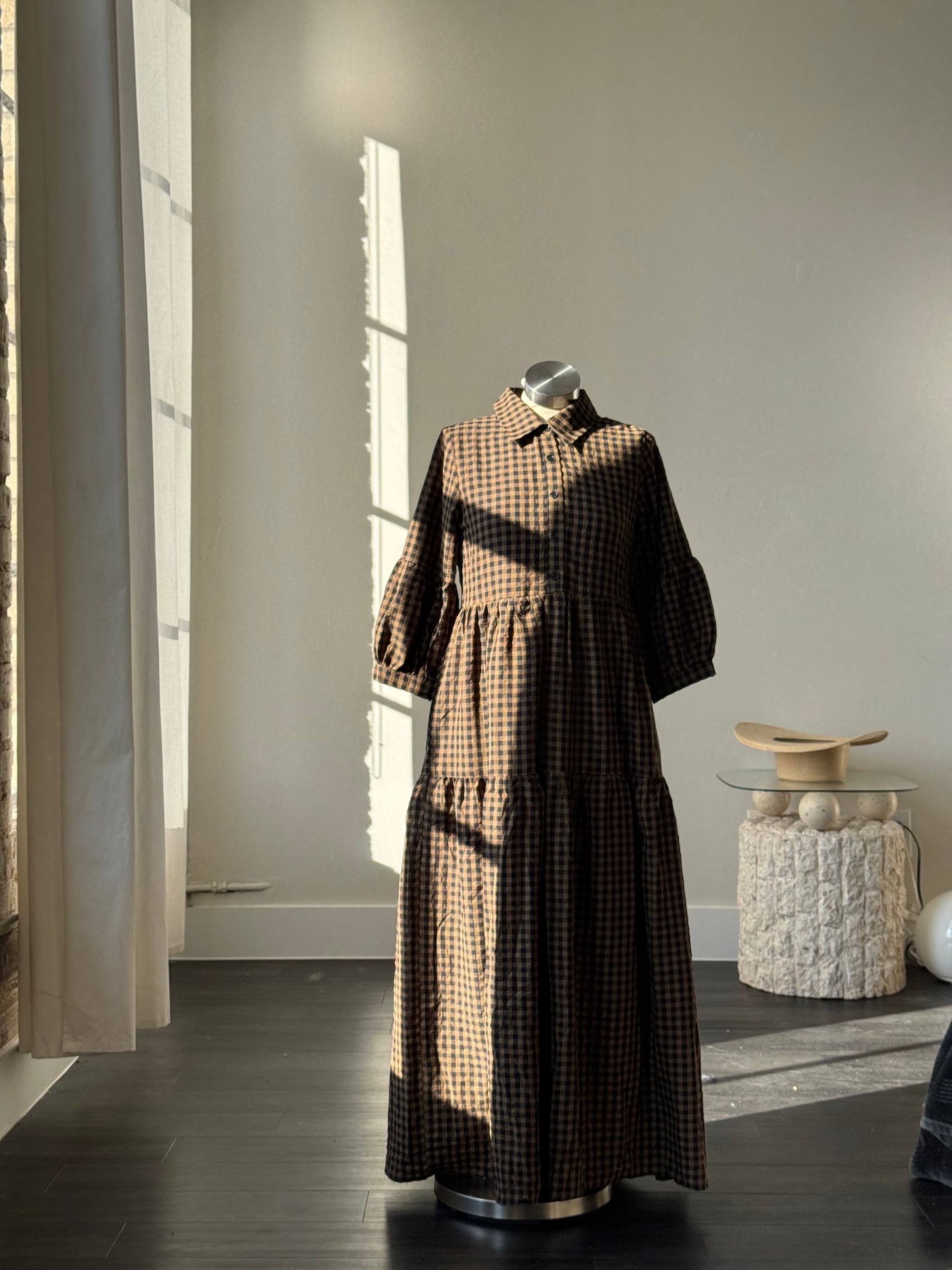 Jacqueline Cotton Gingham Maxi Dress In Olive Brown K. A. Classics Jacqueline Cotton Gingham Maxi Dress In Olive Brown K. A. Classics