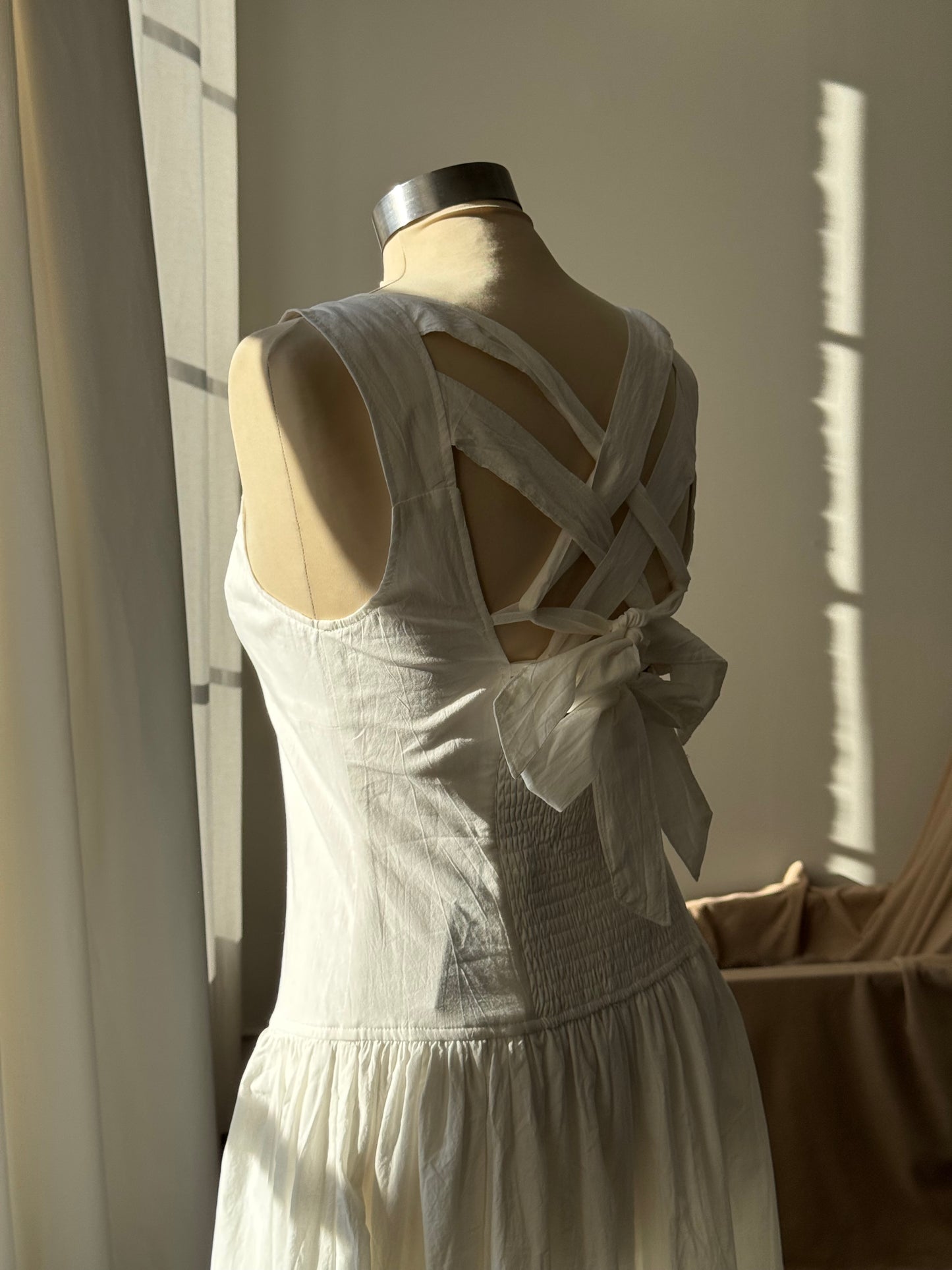 Costella Cotton Lace Up Back Midi Dress in Ivory