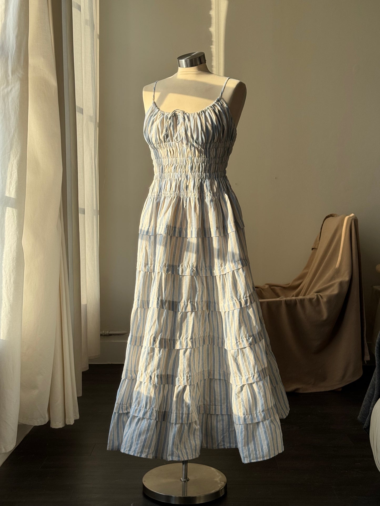 Laura Cotton Tiered Striped Midi Dress In Powder