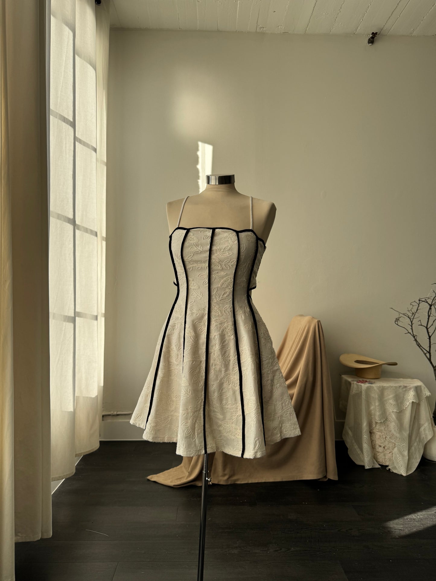 Julisa Cotton & Linen Pipping Open Back Embroidered Mini Dress In In Cream