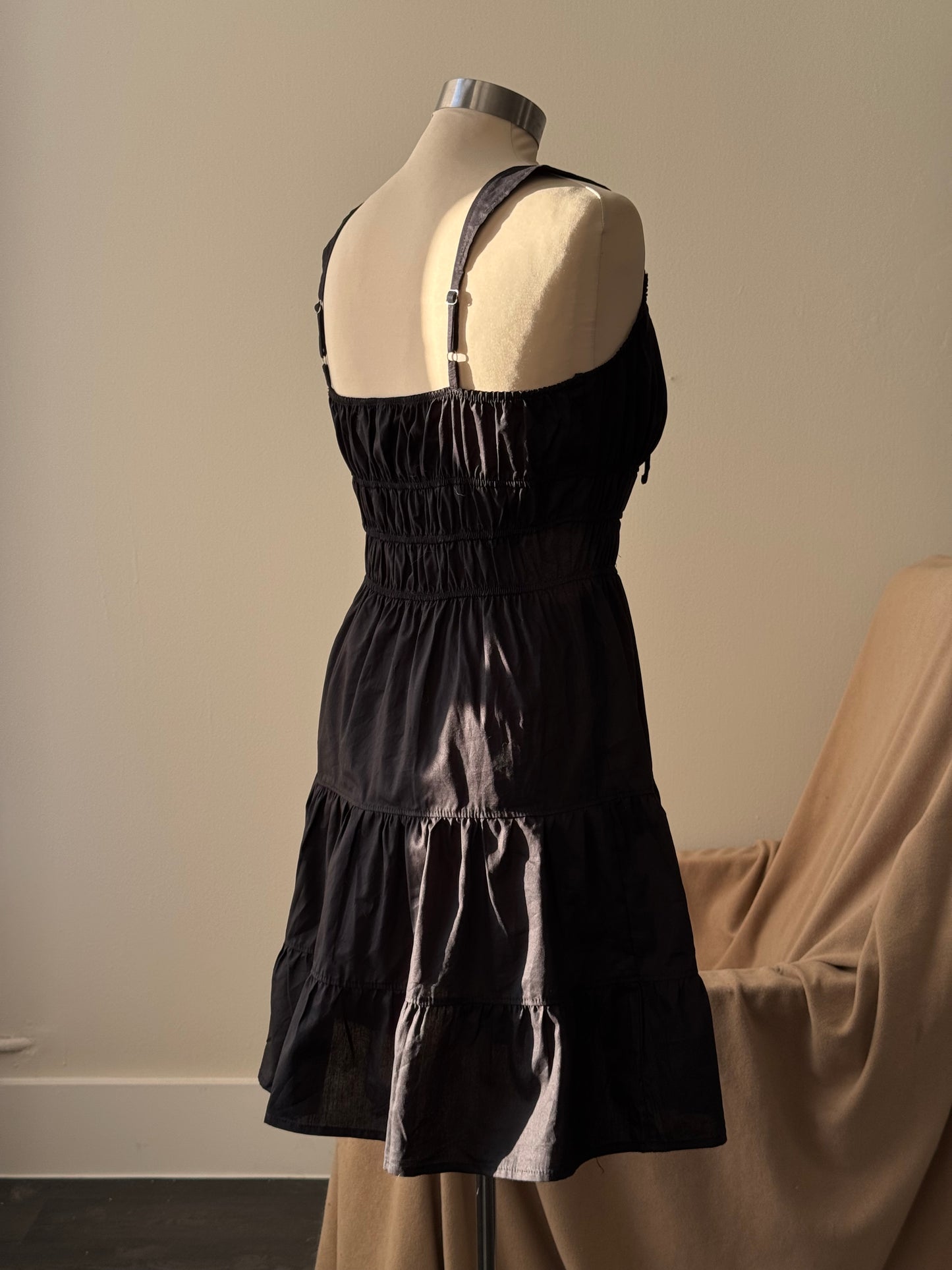 Marissa Cotton Rouged & Tiered Sundress In Black