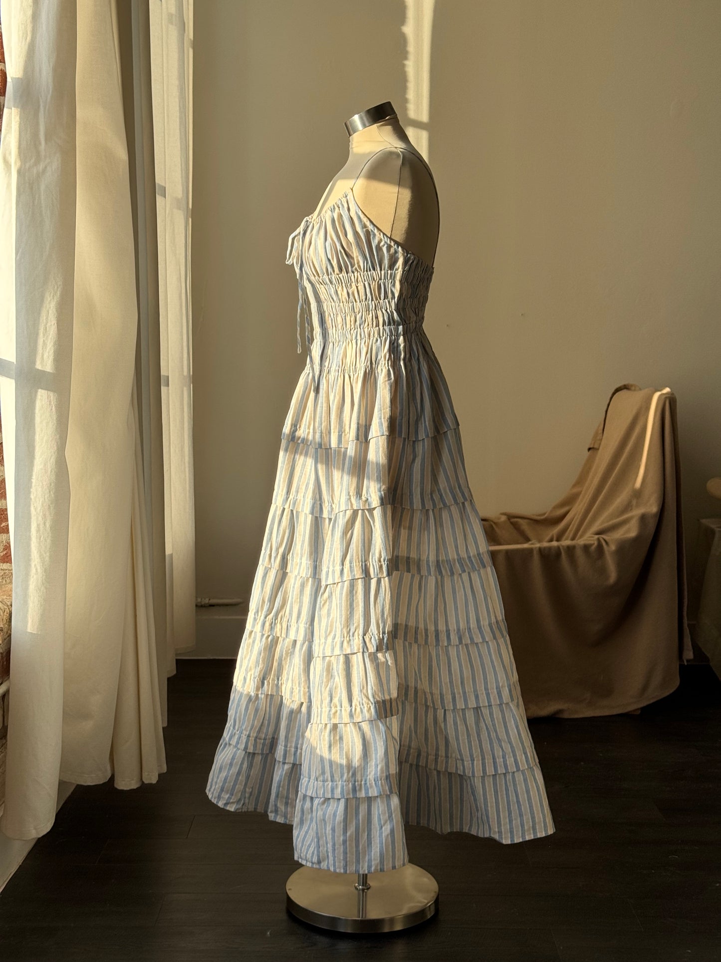 Laura Cotton Tiered Striped Midi Dress In Powder