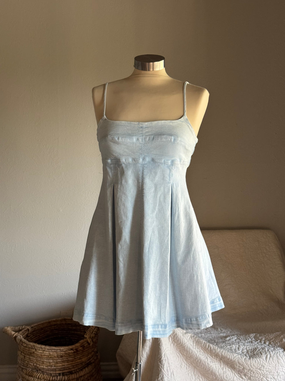 Melissa Cotton Pleaded Mini Denim Dress In Acid Blue