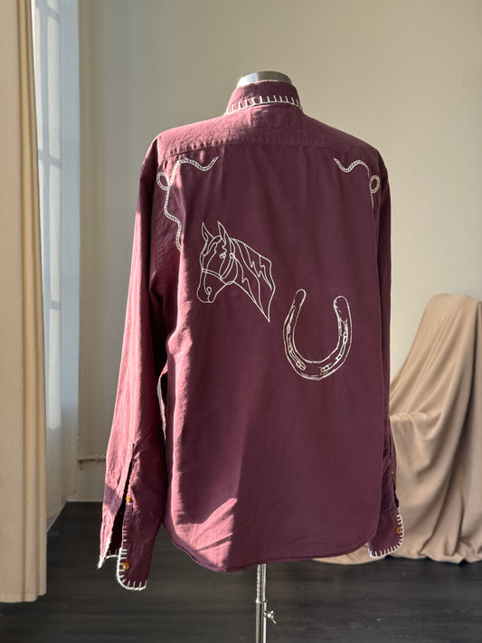 Michael Handcrafted Cowboy Blanket Stitch Embroidered Button Down In Red Brown