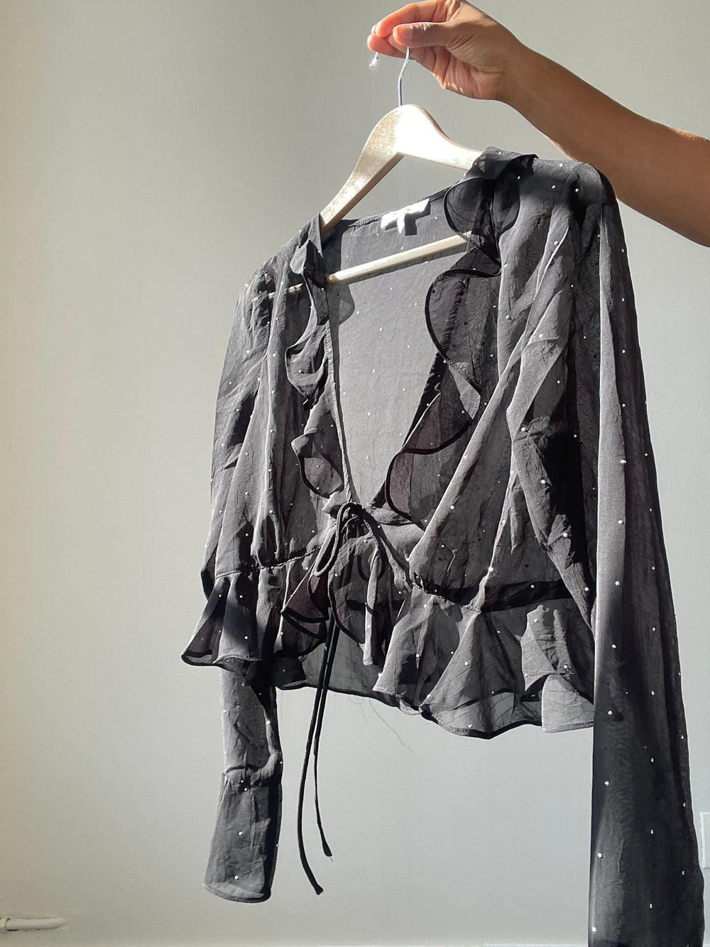 Haltom Lucky Stars Ruffle Sheer Crop Top In Black & Silver
