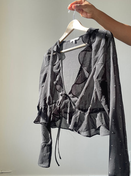 Haltom Lucky Stars Ruffle Sheer Crop Top In Black & Silver