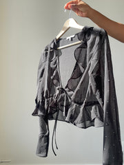 Haltom Lucky Stars Ruffle Sheer Crop Top In Black & Silver