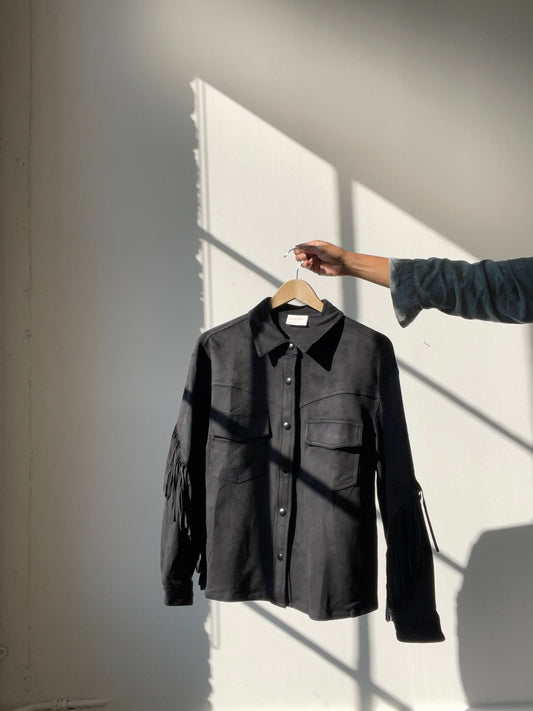 Dixie Microsuede Fringe Snap Front Shacket In Black