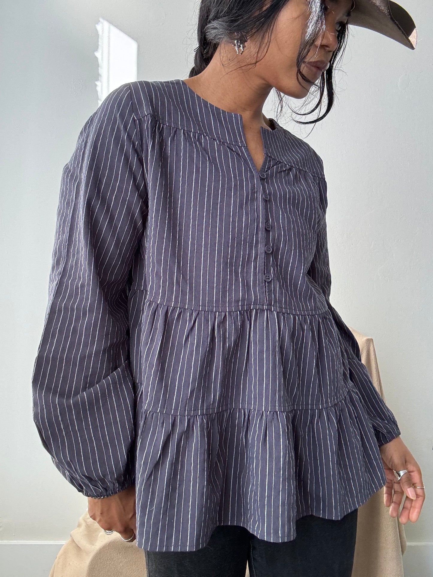 Danny Cotton Tiered Striped Tunic In Vintage Navy