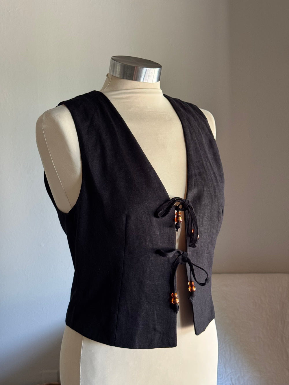 Jolene Linen Tie Front Bead Vest In Black