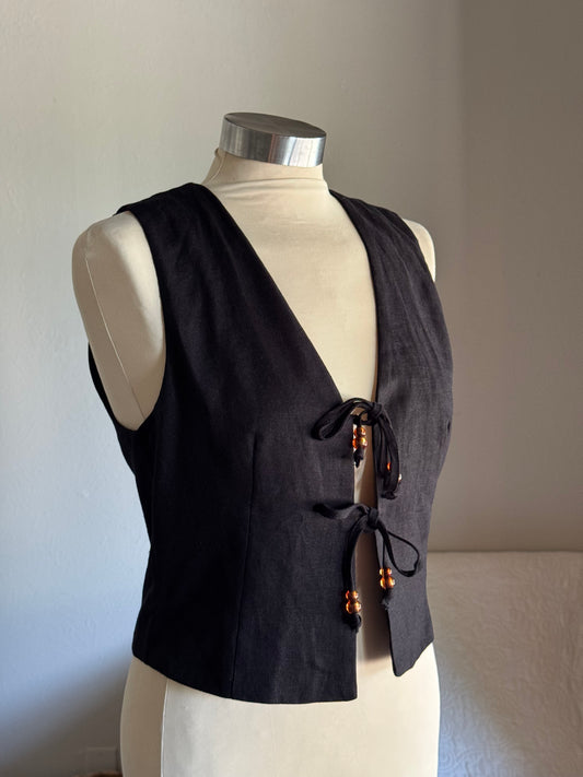 Jolene Linen Tie Front Bead Vest In Black