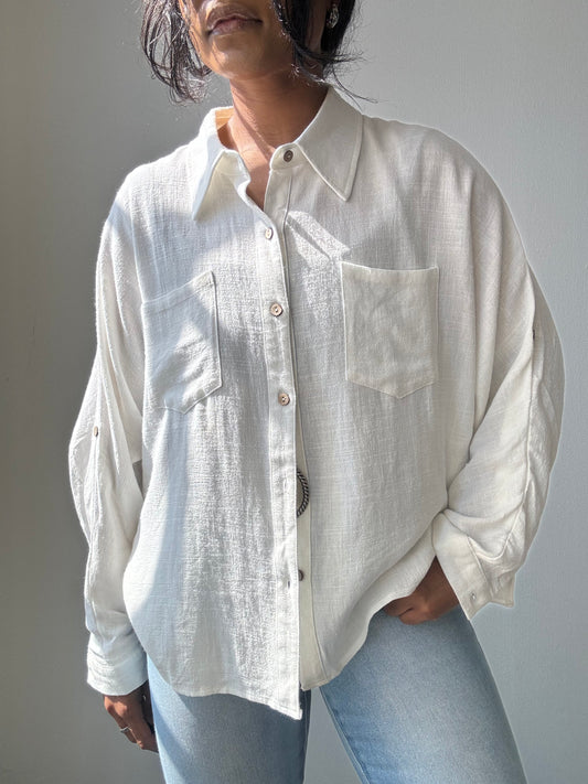 Cassidy Cotton & Linen Long Sleeve Button Down In Ivory