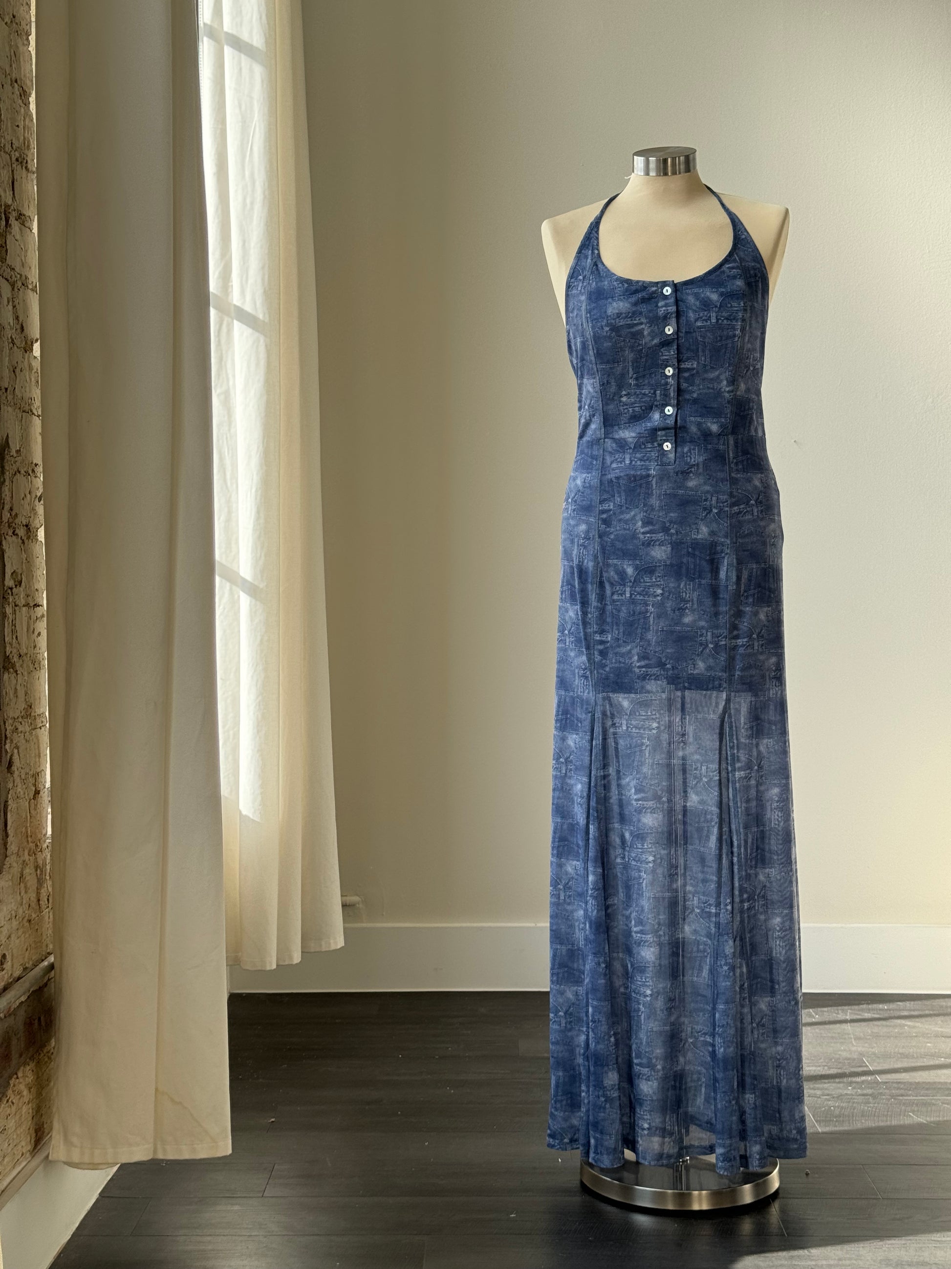 Dally Denim Jean Print Sheer Maxi Dress In Indigo - S Dally Denim Jean Print Sheer Maxi Dress In Indigo - S