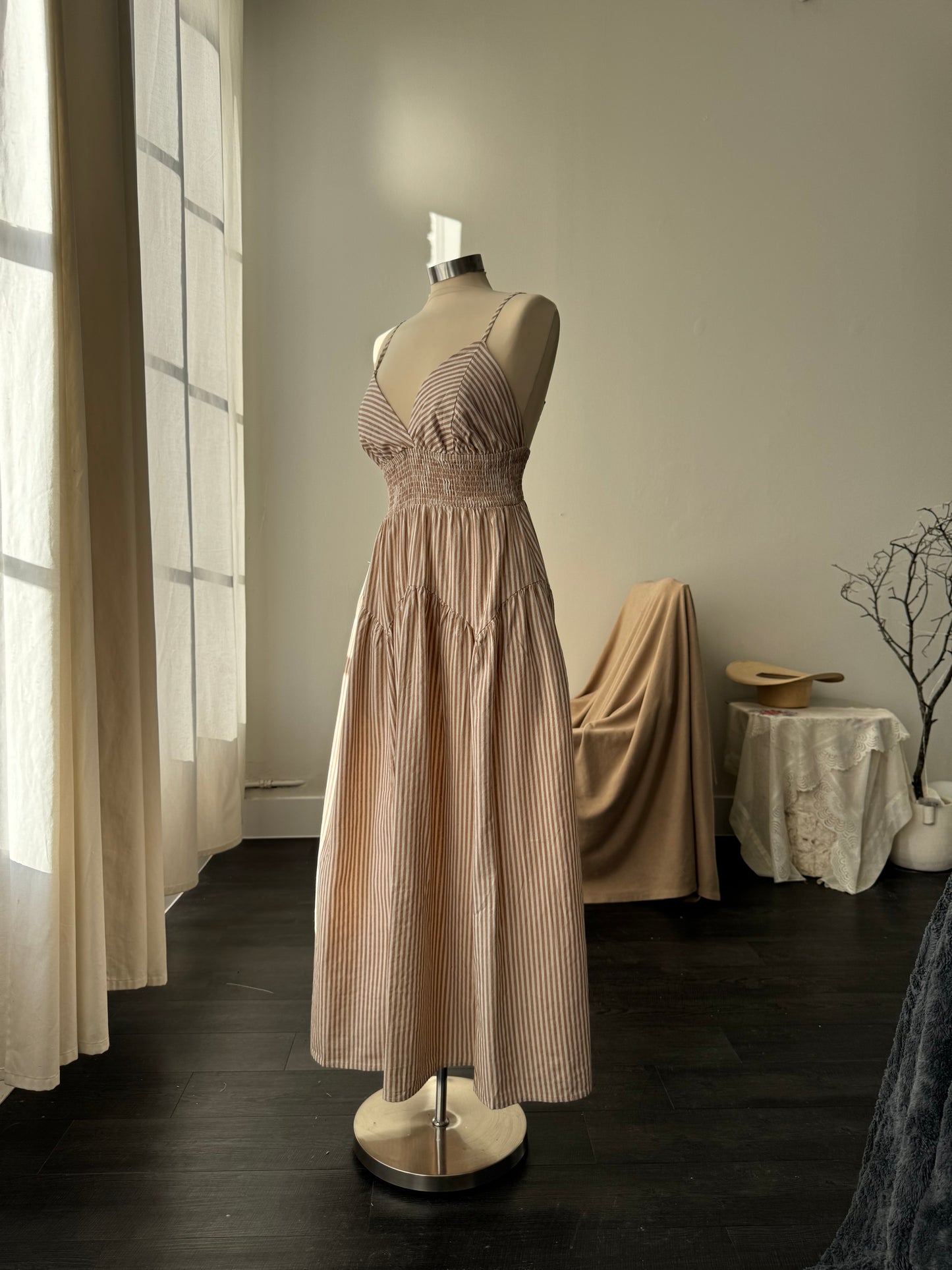 Cherie Cotton Striped Midi Dress In Mocha