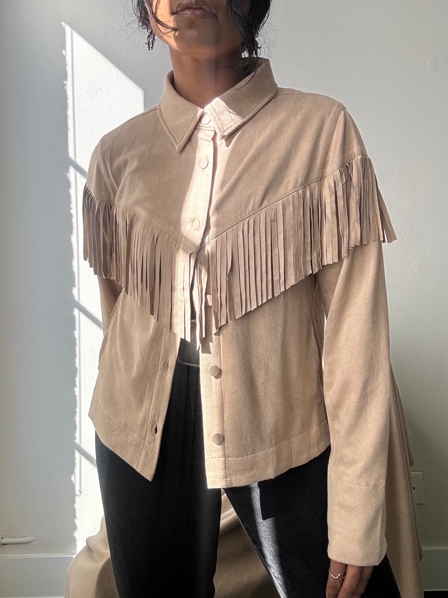 Brooks Cropped Fringe Suede Modern Western Shacket In Taupe