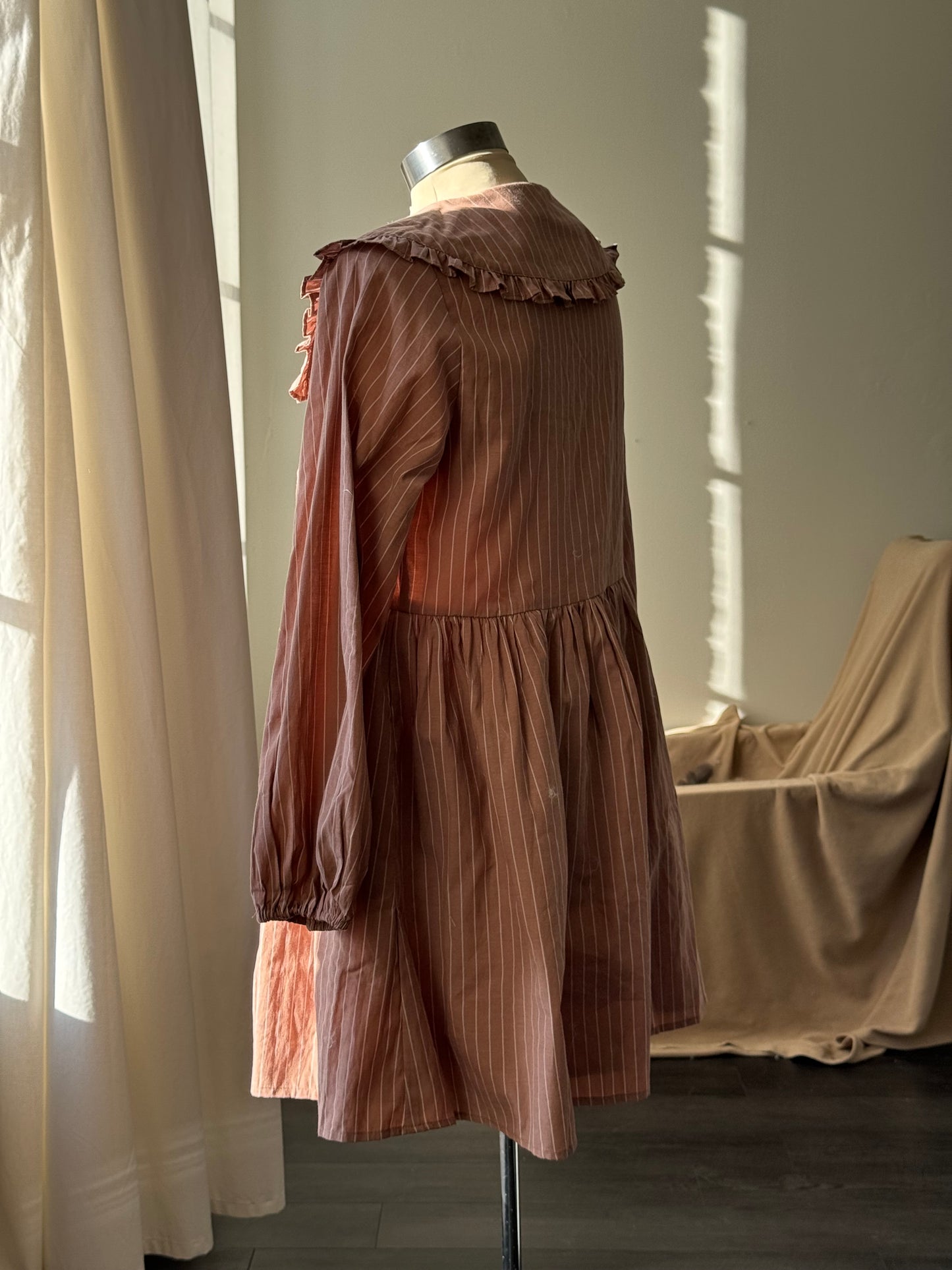 Odessa Striped Tie Front Ruffle Collar Cotton Dress In Malt