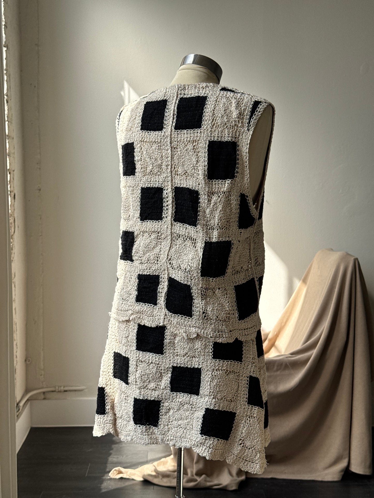 Katie Cotton Crochet Check Button Front Vest In Black