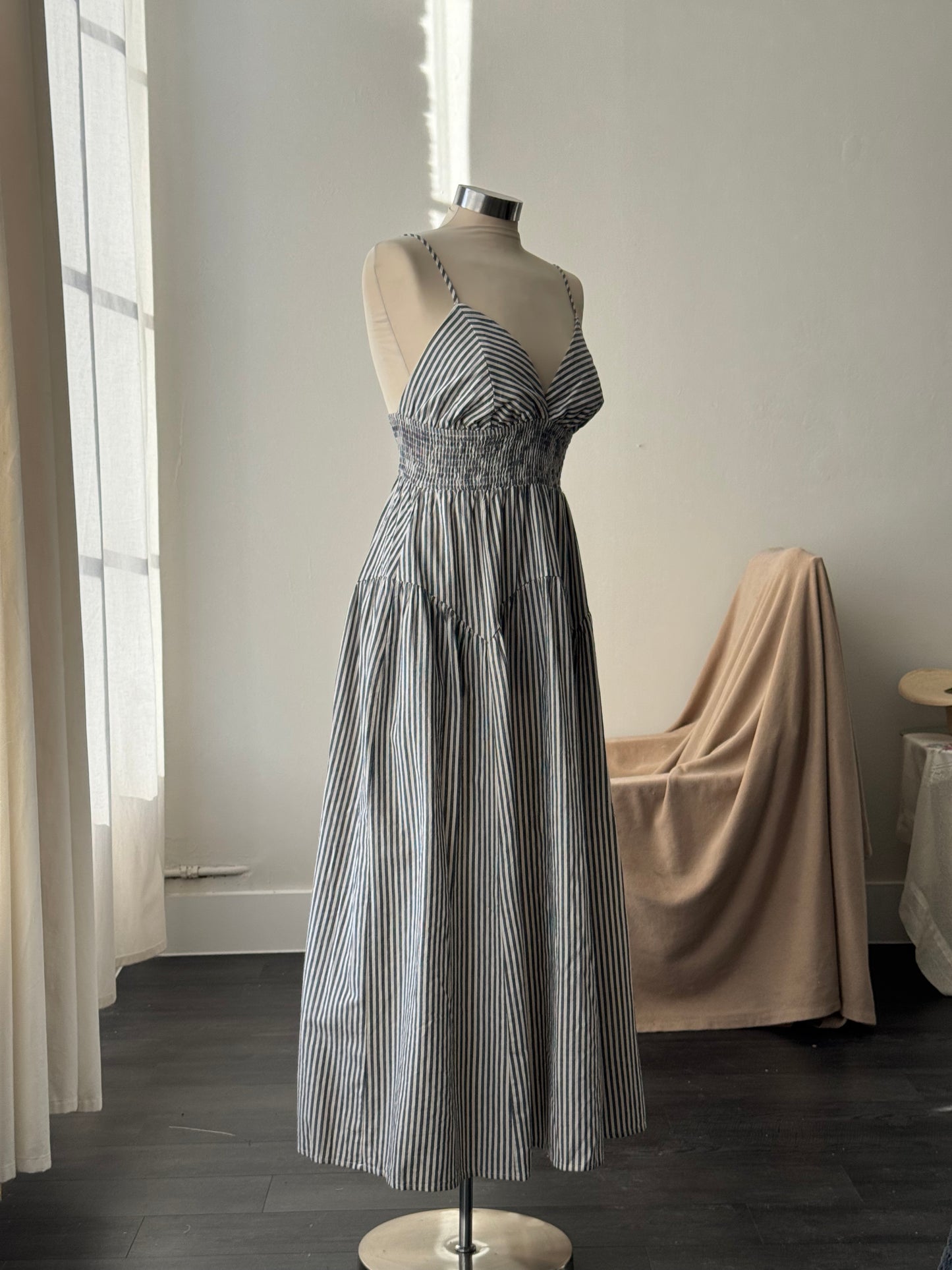 Cherie Cotton Striped Midi Dress In Midnight Navy