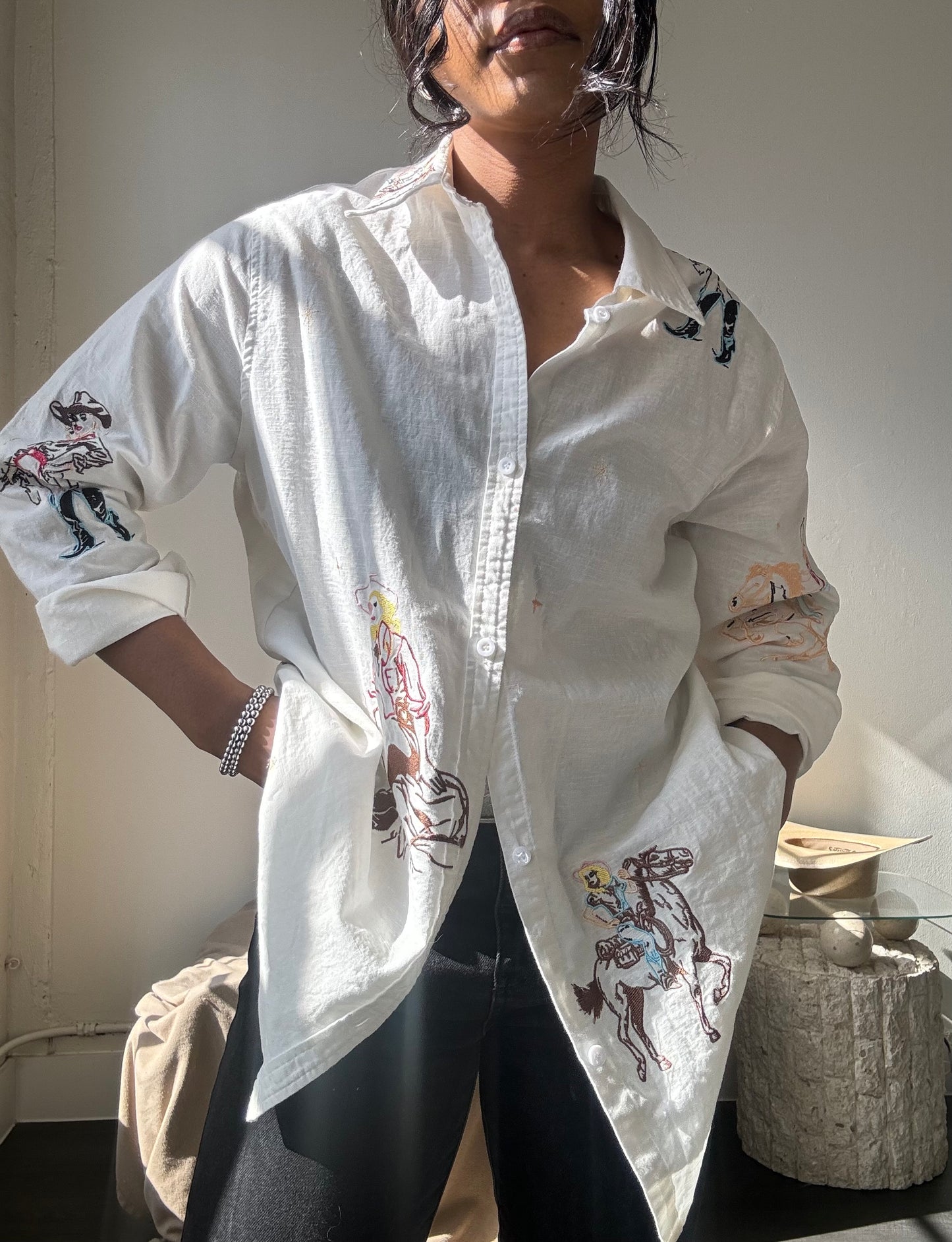 Llewellyn Cotton & Linen Embroidered Cowgirl Button Down