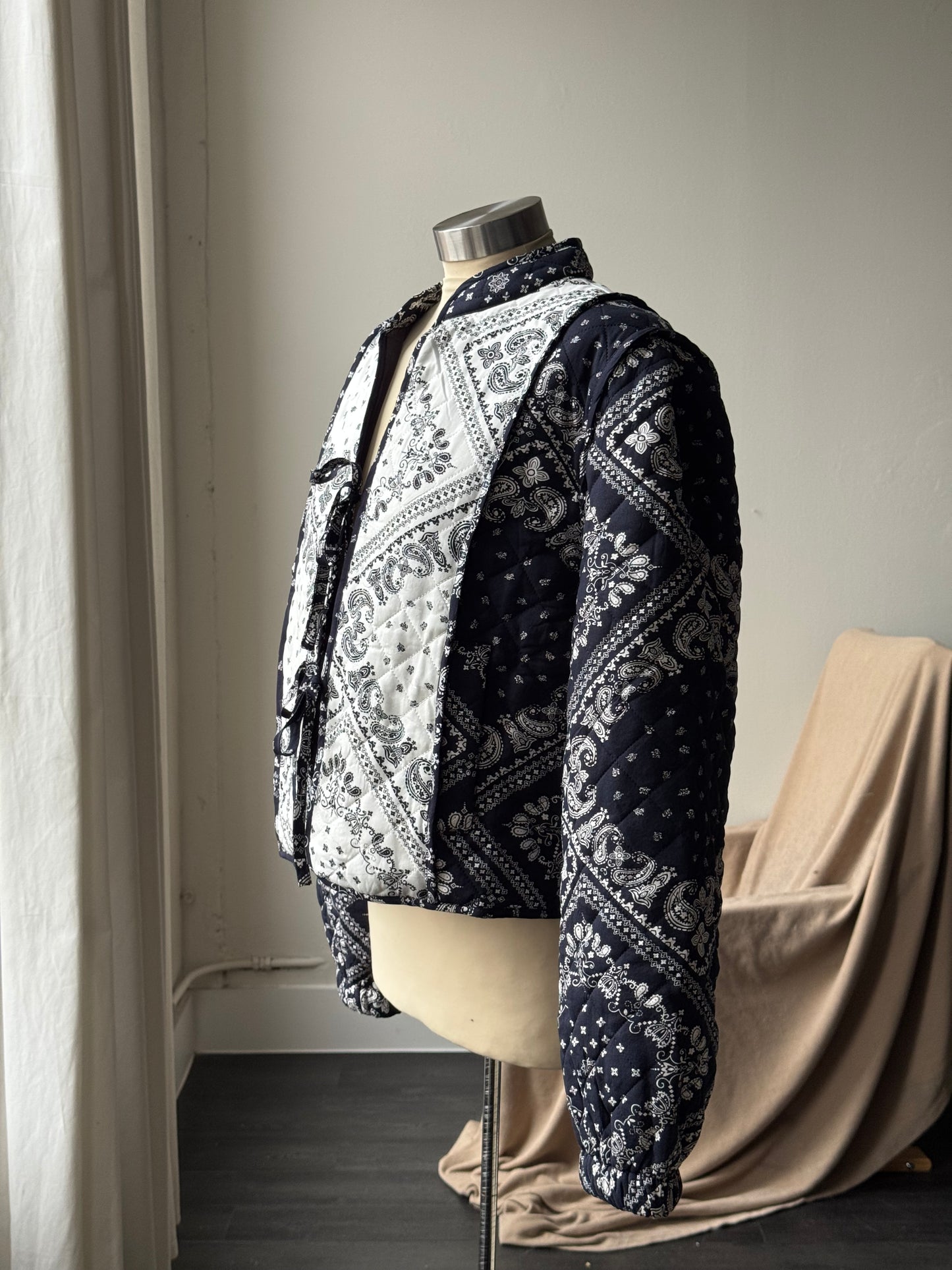 Judith Cotton Classic Bandanna Tie Front Jacket In Midnight Navy