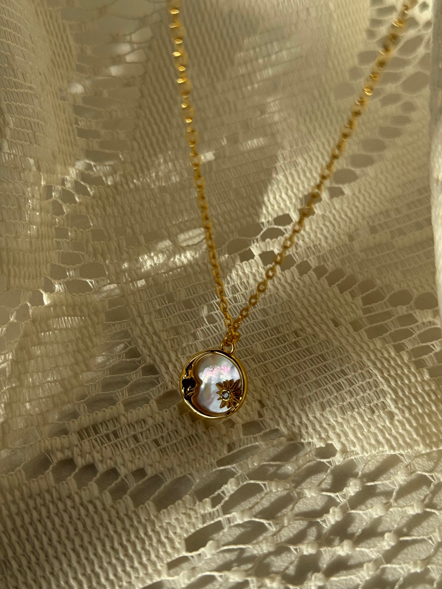 Star & Moon Mother Of Pearl Charm Necklace In Gold￼