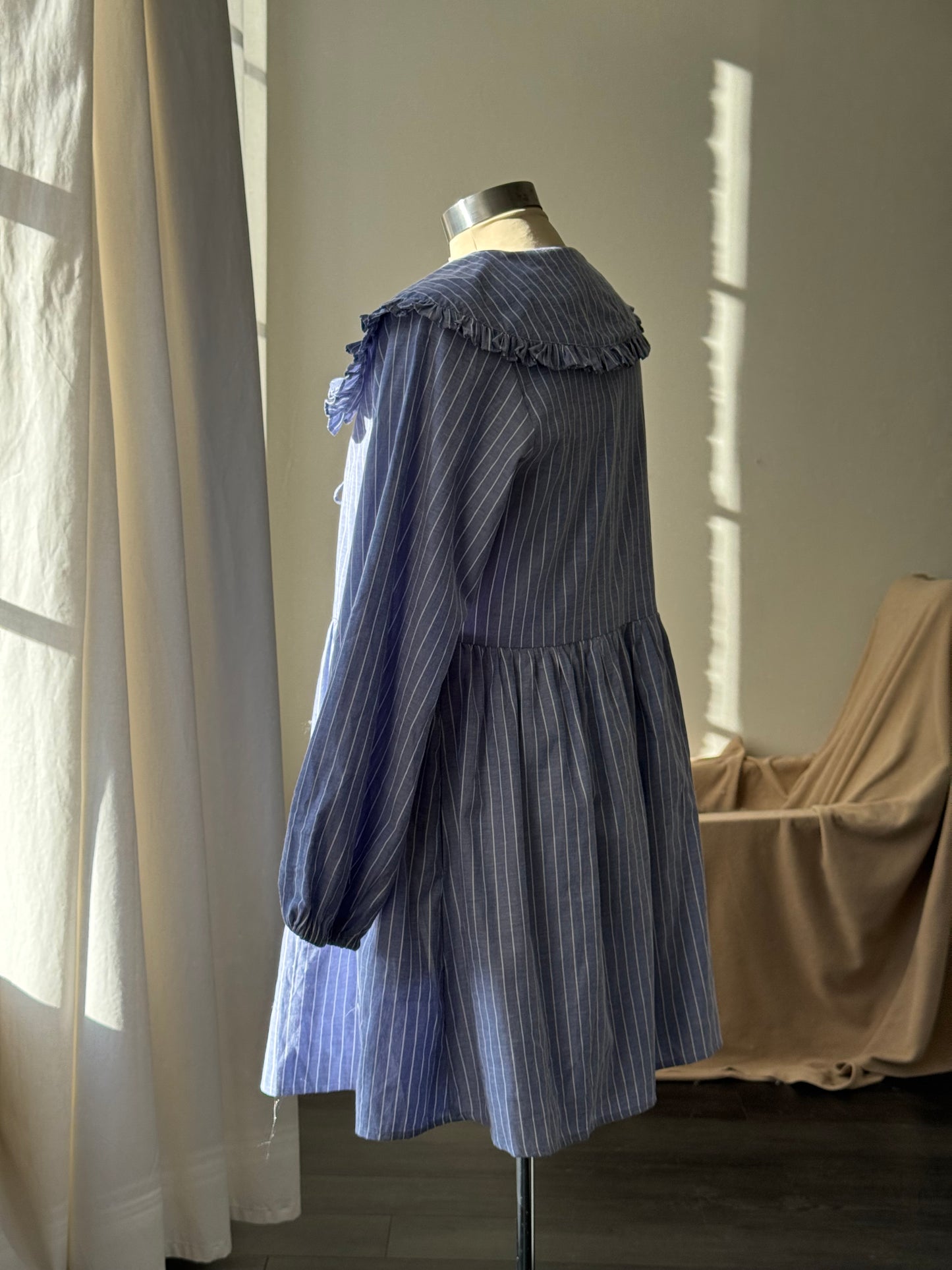 Odessa Cotton Tie Front Ruffle Collar Striped Dress In Vintage Blue￼￼