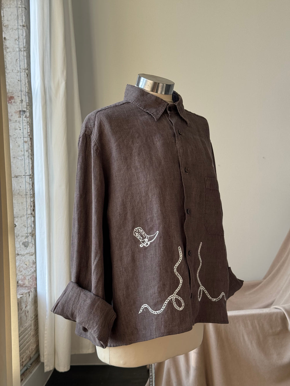 Lawrence Handcrafted Sad Songs Cropped Linen Button Down
