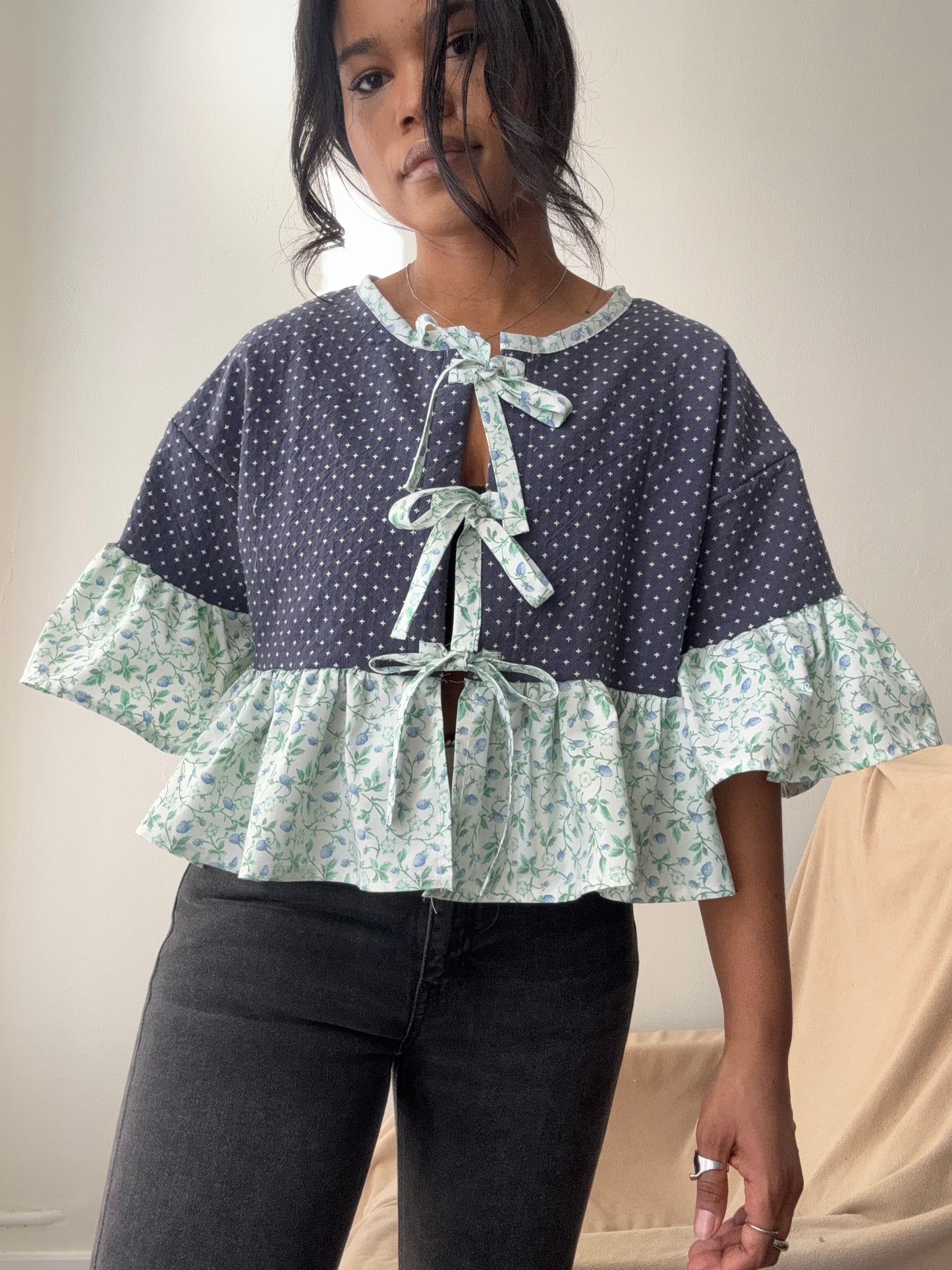 Brenda Vintage Cotton Handcrafted Ruffle Top In Navy